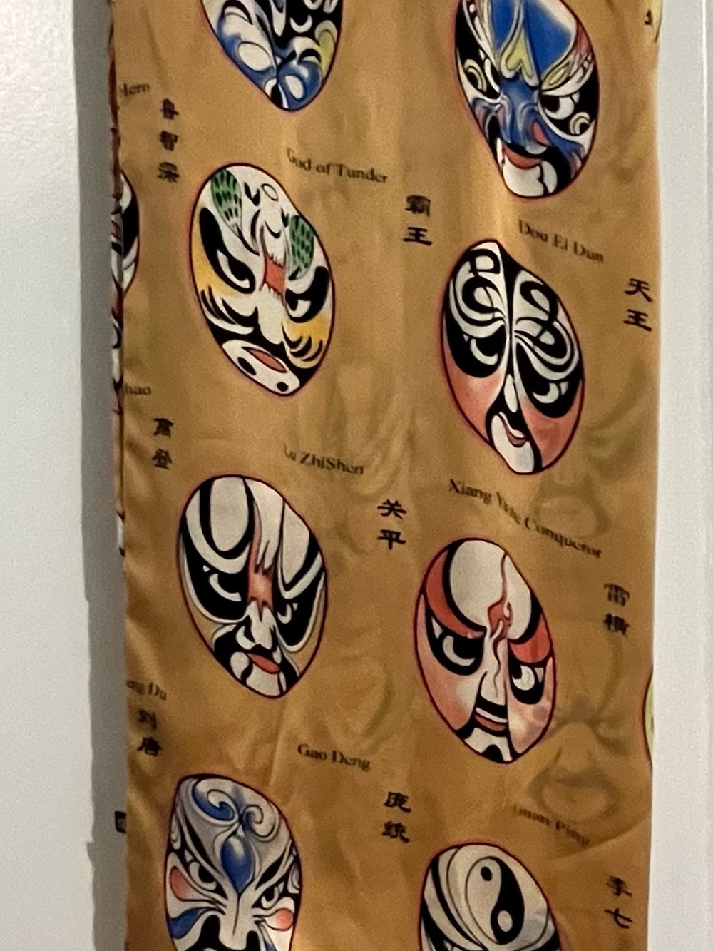 Silk Gold Scarf with Colorful Beijing Opera Masks Print